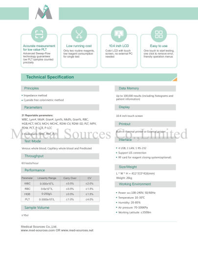 Analyseur d'hématologie en trois parties pour réactifs ouverts (MS-6400)